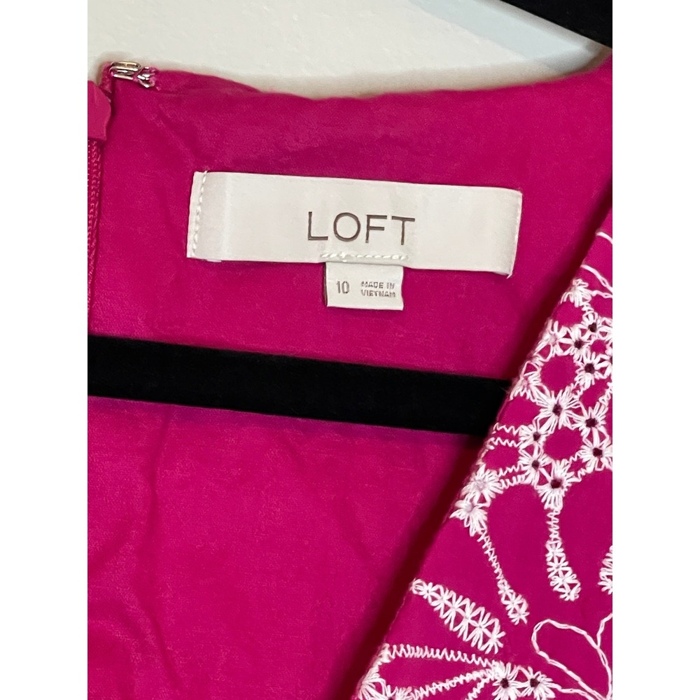Loft Dress Size 10 Pink White Floral Cotton Short Sleeve Belted V‎ Neck Ruffle - Picture 6 of 8